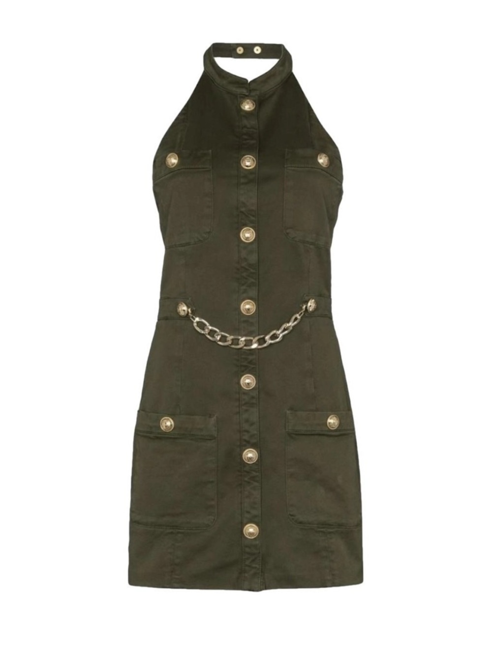 BALMAIN Military Green Khaki Cotton Halter Mini Dress with Gold Chain Belt - Picture 13 of 14
